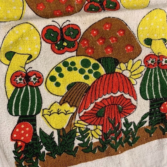 Vintage Merry Mushroom Themed Kitchen Towel Butterfly Kitsch Retro - Picture 2 of 7